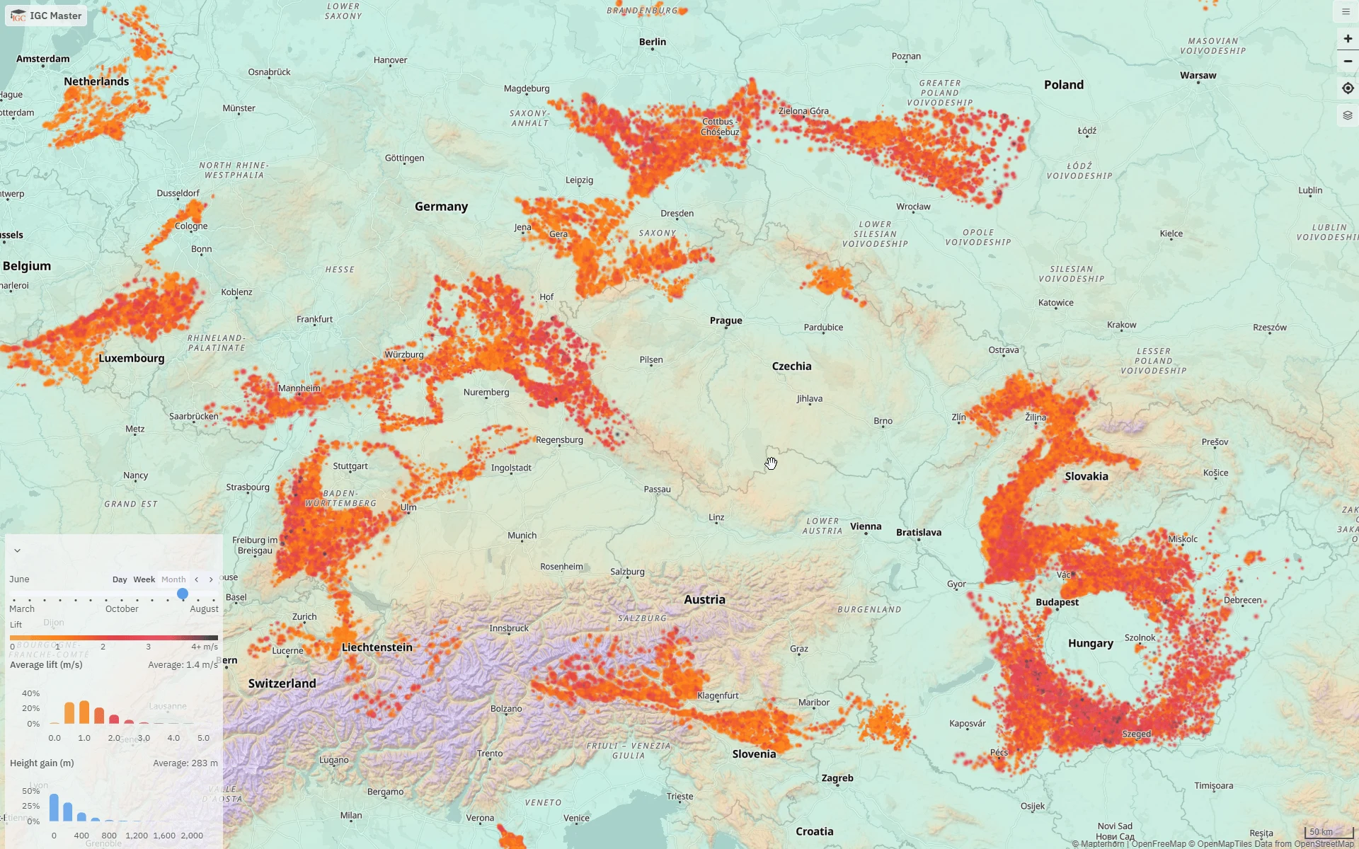 Thermal map with climbs coloured by average lift